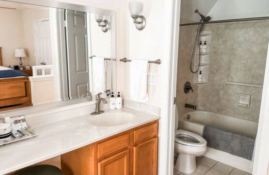Enjoy getting ready for a night out! Your vanity area is separate from the tub/shower toilet, making it easier for guests to get ready together. You’ll love the spacious counter and mirrors!