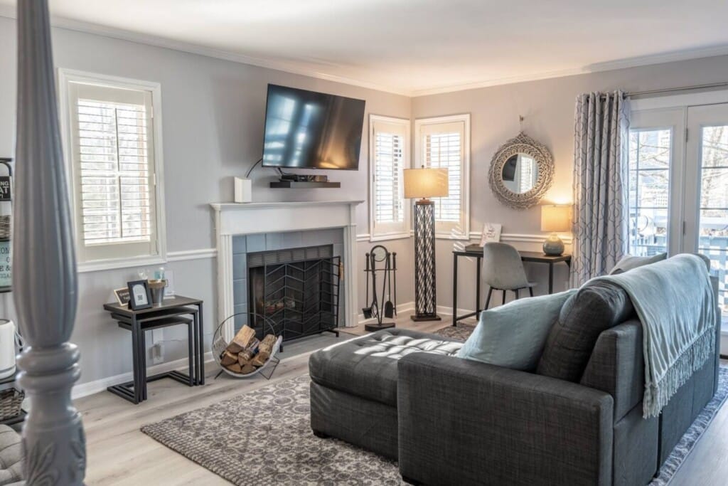 Take a quick nap on our cozy couch & lounge fireside in your very own private space! Our smart tv is fully equipped to support your Netflix or Hulu binge-watching needs. So log into your account, we won't tell anyone. We have basic cable as well!