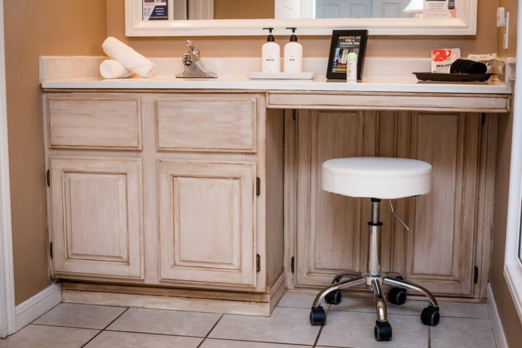 Large vanity in bathroom for easy organization making getting ready for your evening out a breeze.