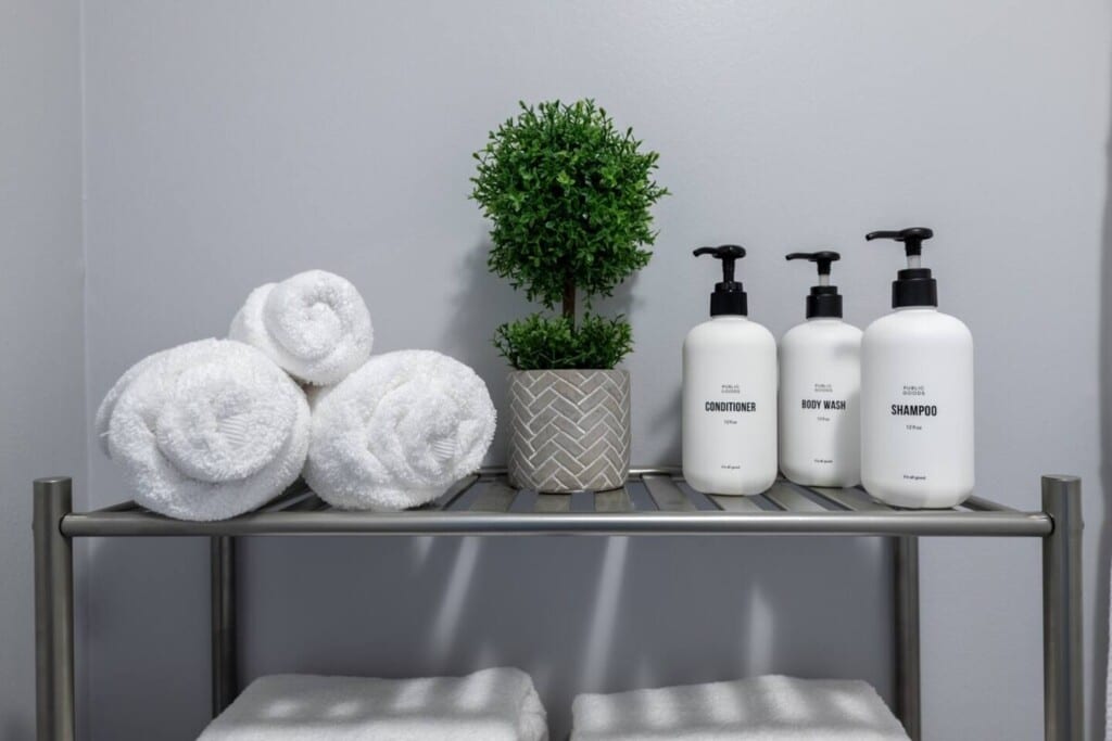 Pack light and save space for some local shopping! We've got you covered with complimentary shampoo, conditioner, and Body wash from Public Goods Other amenities include -linens -towels -toilet paper -hair dryer